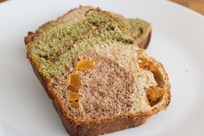 Matcha and cocoa fruit loaf