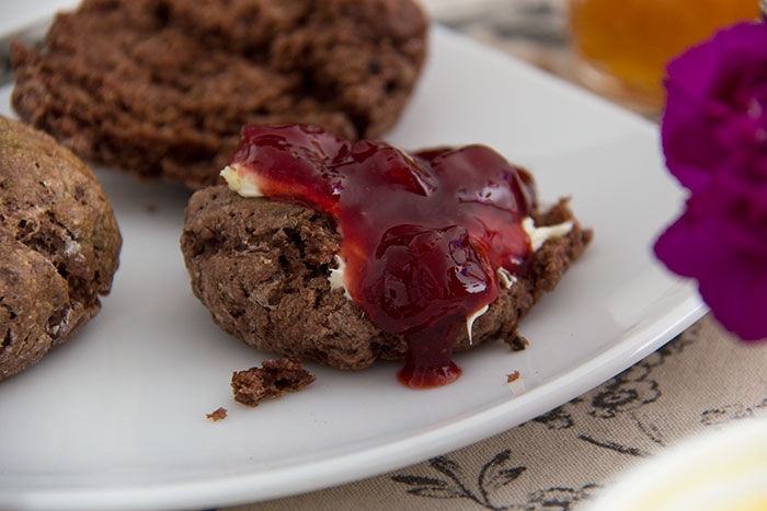 Chocolate scones with clotted cream and jam