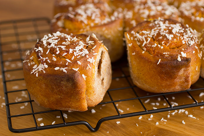 Coconut Mango Chelsea Buns. Detail on one bun