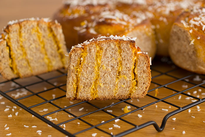 Coconut Mango Chelsea Buns. One bun cut in half