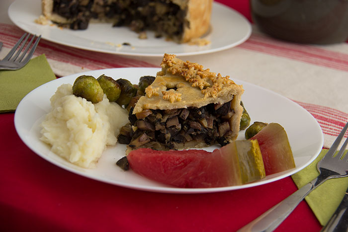 Chestnuts, Mushrooms, and Apple Pie with Mash potatoes, Brussels sprouts, and pickeld watermelon
