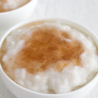 Coconut rice pudding with rose jam
